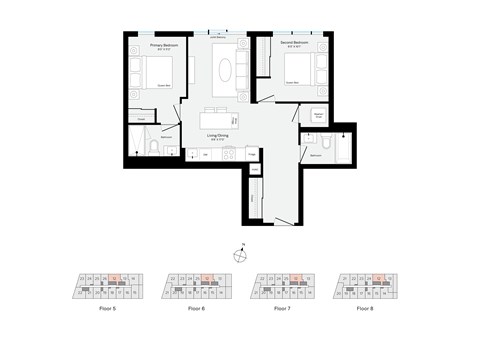 Floor plan for 2 beds, 2 baths, 775 sqft